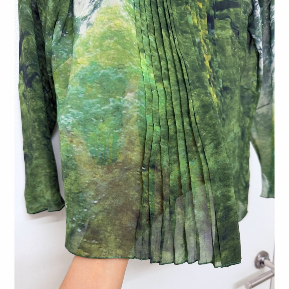 Akris Tree Forest Print Silk Chiffon Blouse Top Pleated Green Foliage Floral 8 - Picture 16 of 16
